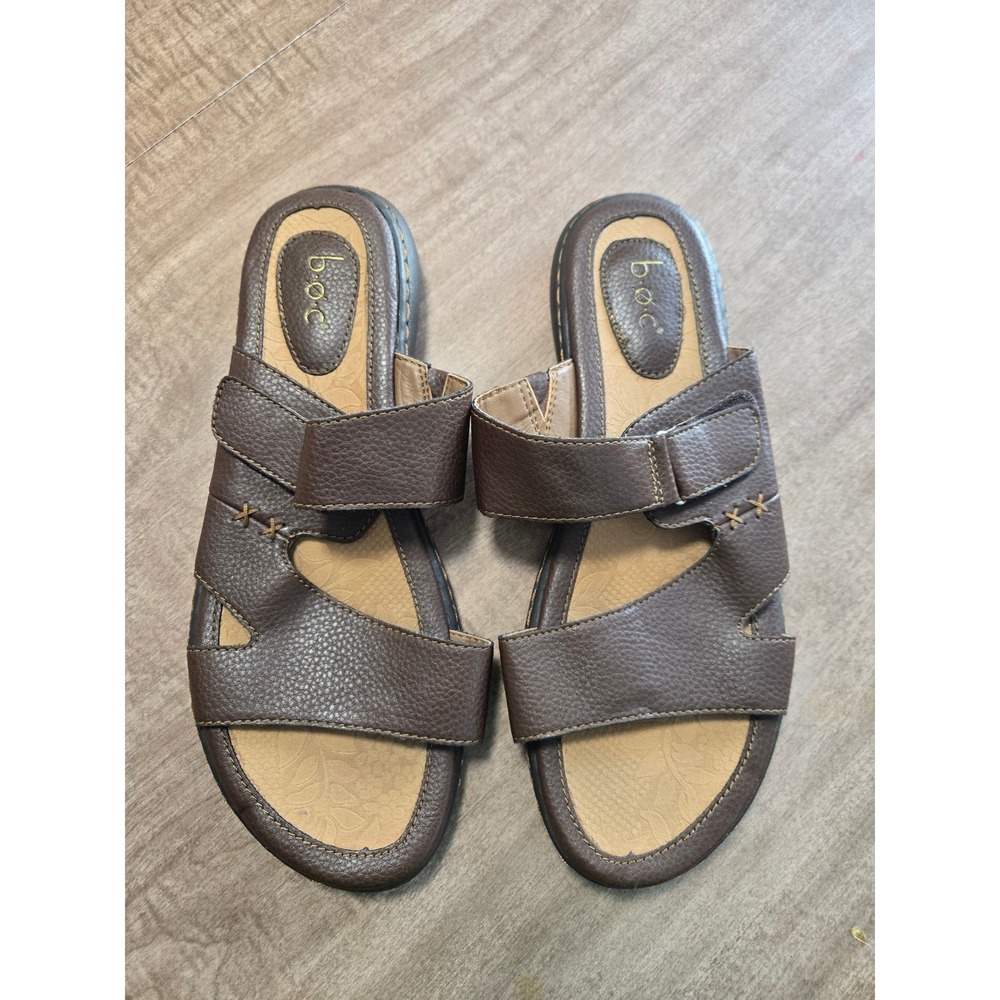 BOC Brown Faux Leather Comfort Adjustable Strap Slides‎ Sandals Womens 10M Boho